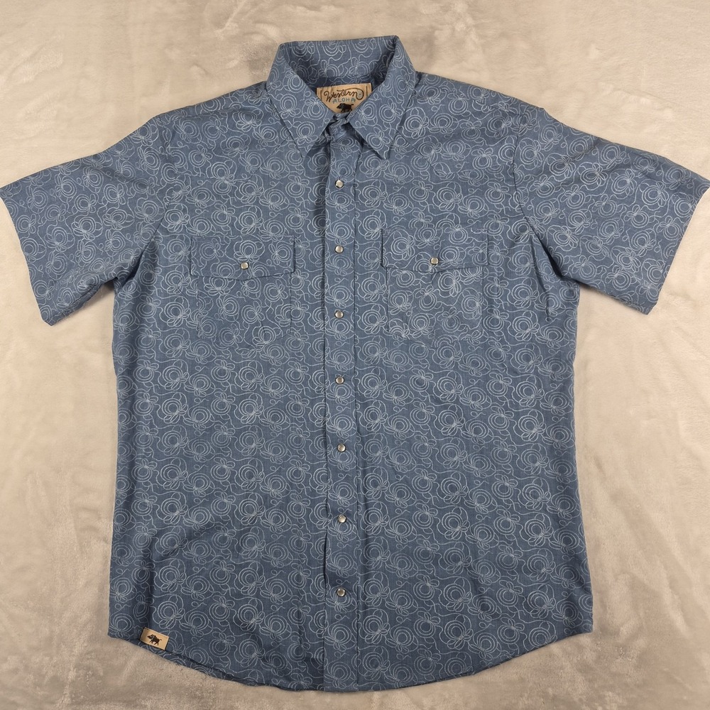 Western Aloha Shirt Men's XL Blue Pearl Snap Button Up Cowboy  Short Sleeve